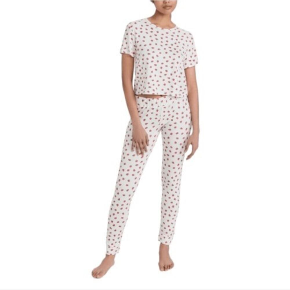 Revolve Plush Apparel Strawberry Print Pajama Set Soft Jersey White Size Small
